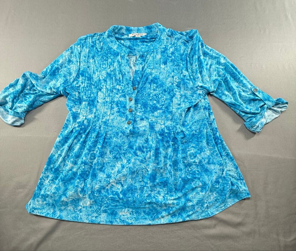Studio Works Petite Large Blue Paisley Pintuck Henley Roll Tab 3/4 Sleeve Blouse